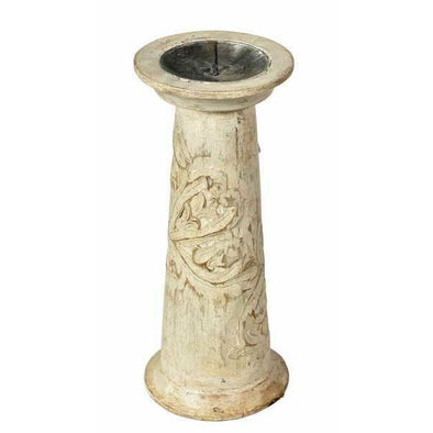 Carved Wooden Candle Stand - Whitewash