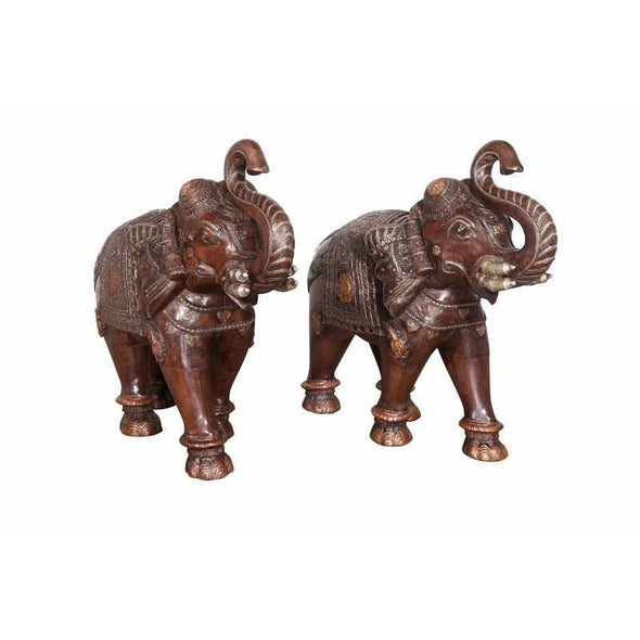 Wooden Ornate Elephant Statue with Brass Detailing