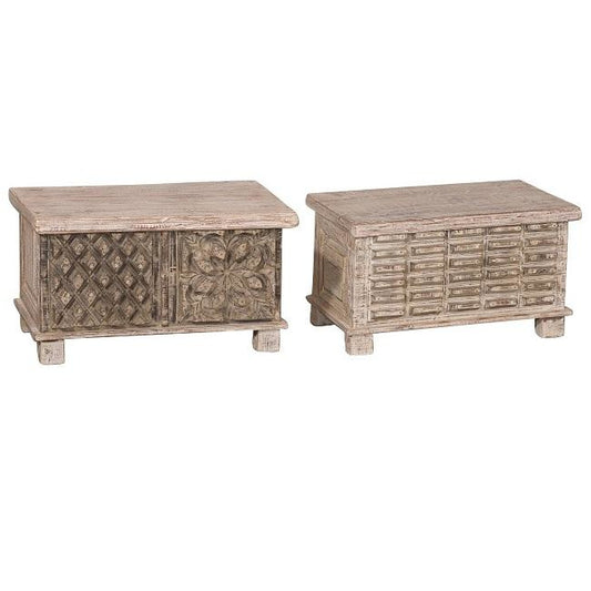 "Doda" Carved Wooden Storage Boxes - Antique Whitewash