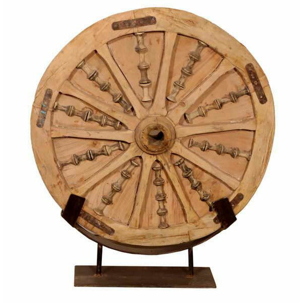 Wooden Round Detailed Wheel W/Iron Stand